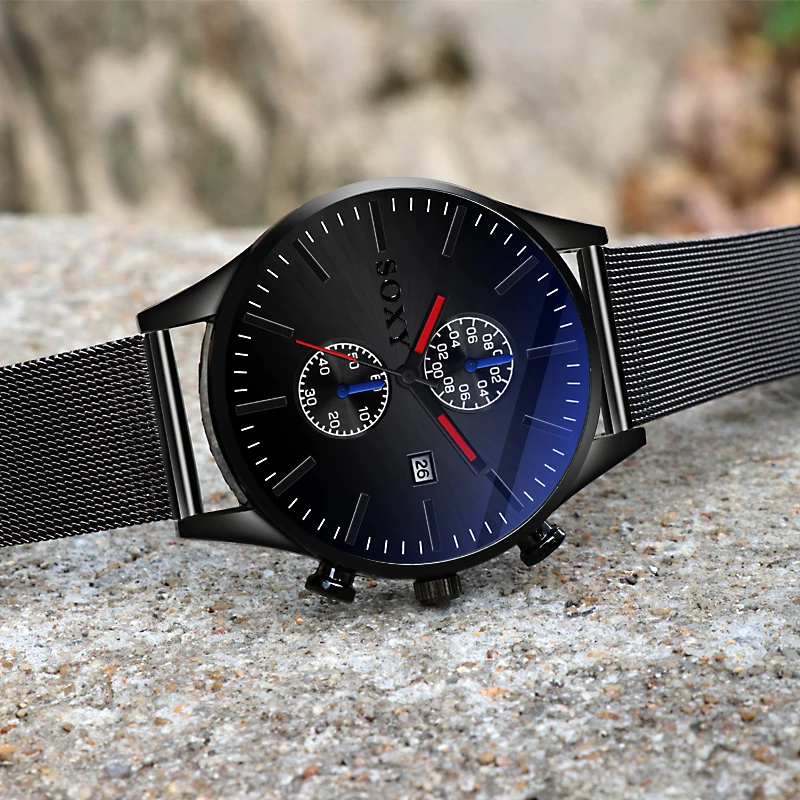 

SOXY Brand Men Watches Mesh Band 2 Dial Watch Men Clock Stainless Steel Auto Date Wristwatch relojes hombre 2019 Gift reloj
