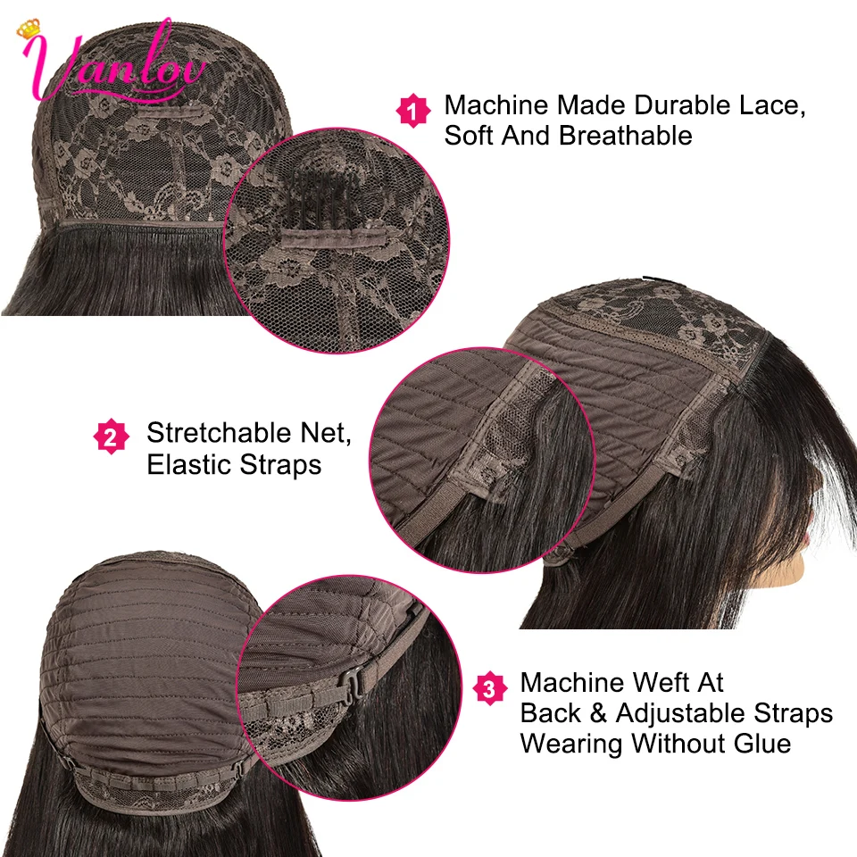 Vanlov Brazilian Straight Human Hair Wigs With Bangs Full Machine Made 150% Remy For Black Women Glueless | Шиньоны и парики
