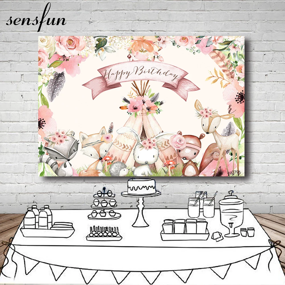

Sensfun Woodland Party Backdrops For Photo Studio Pink Flowers Animals Girls 1st Birthday Photography Backgrounds Custom Banner
