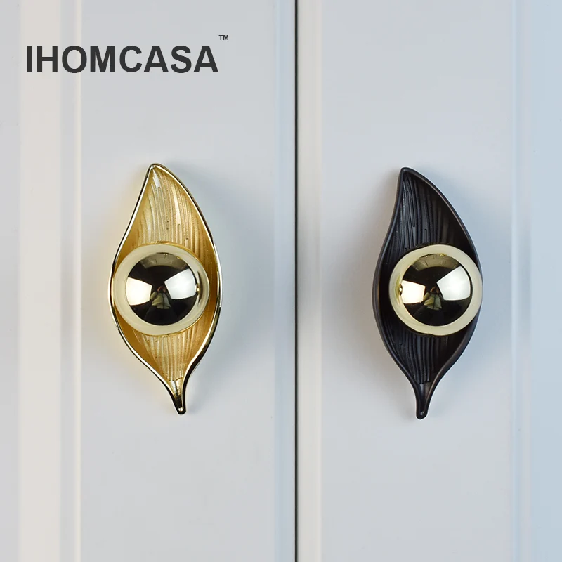 

IHOMCASA Gold Black Tree Leaf Shape Kitchen Furniture Handles Cabinet Knob for Wardrobe Drawer Door Pulls Vintage Brass European