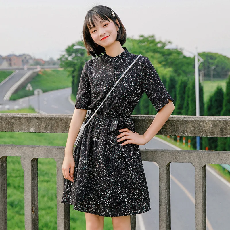 

Slash Elastic High Waist Chiffon Women Dress Mandarin Collar Colorful Dot Half Sleeve Korean Fashion Ladies Dress 2021 Summer