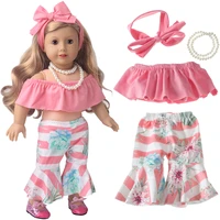 18 inch american doll girls clothes pink print flared trouser setpearls newborn baby toys accessories fit 43 cm boy dolls c716