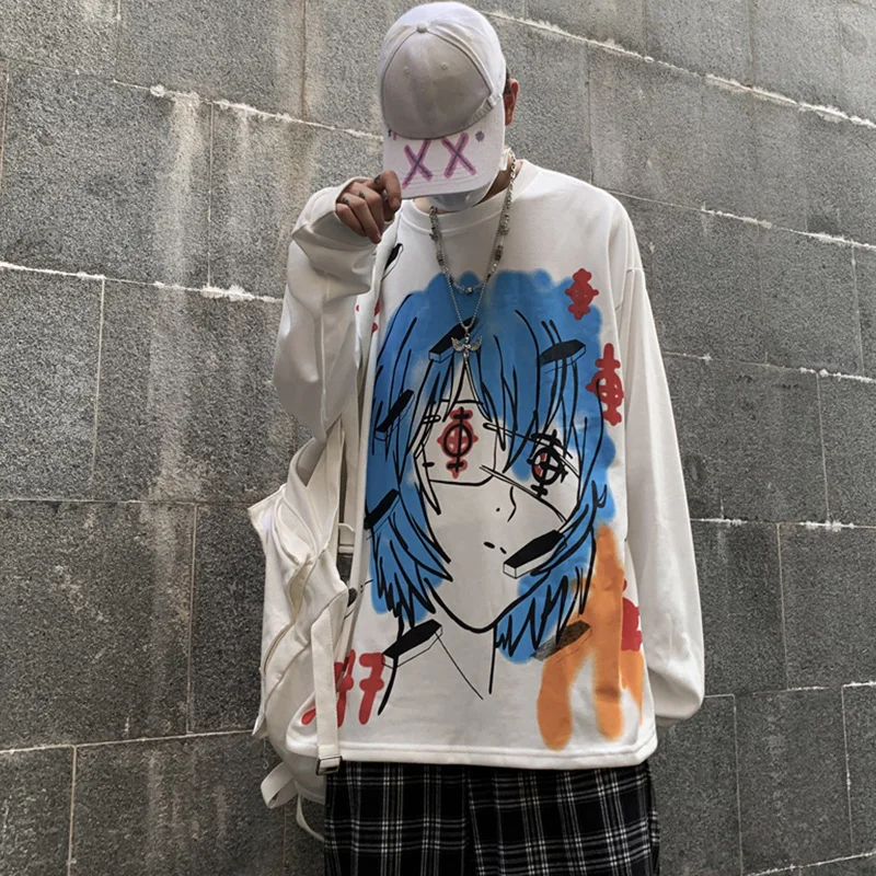 

Aolamegs Hip Hop Sweatshirts Men Japanese Anime Girl Print Loose High Street Streetwear Couple Hoodie Long Sleeve Oversized Tee