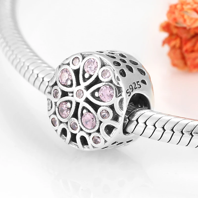 Hot sale 925 Sterling Silver beautiful charm Hollow pink CZ Flowers beads Fit Original European Charm Bracelet Jewelry making | Украшения и