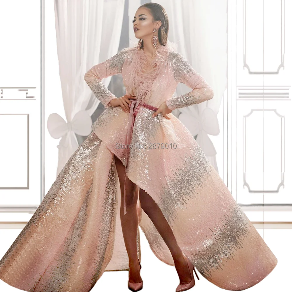 

2019 A-Line Pink Silver V-Neck Evening Dress Full-Length Asymmetrical Sequined Ostrich Feather Formal Dress Sash Custom Zipper