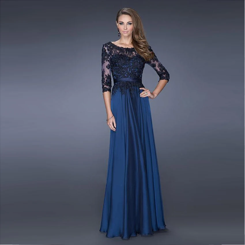 

Vnaix EV152 O Neck A Line Floor Length Long Chiffon Mother of the Bridal Long Sleeve Lace Formal Evening Dresses