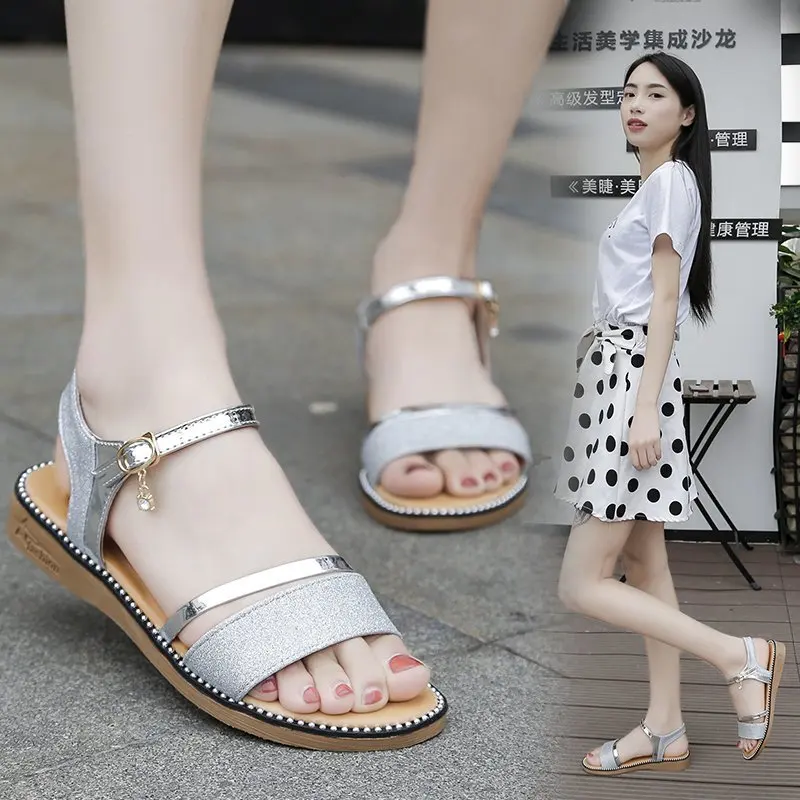 

2021 Summer New Korean Style Simple Open-toed Flat Casual Sandals Female Summer One-word Buckle All-match Student Female Sandals