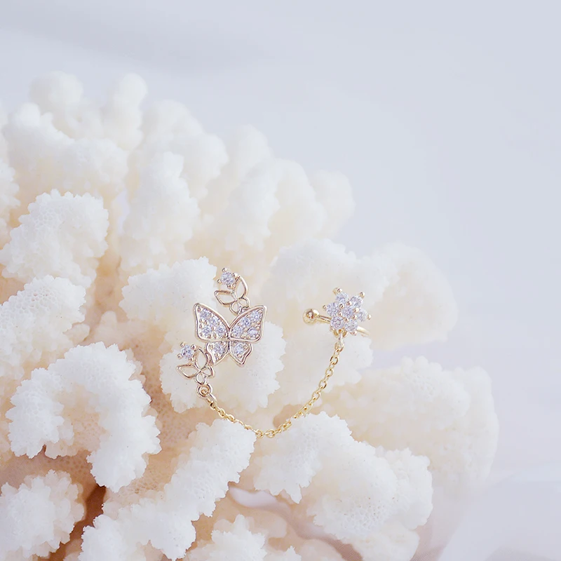 

Korean Hot 14k Real Gold Jewelry Flower Butterfly Ear Clip for Women Top High Quality AAA Shiny Zirconia S925 Silver Needle Gift