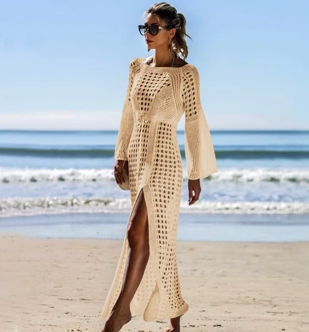 

Knitted Crochet Sexy Hollow Beach Skirt Long Sleeve Sunscreen Vacation Long Skirt Bikini Blouse Sunscreen Shirt