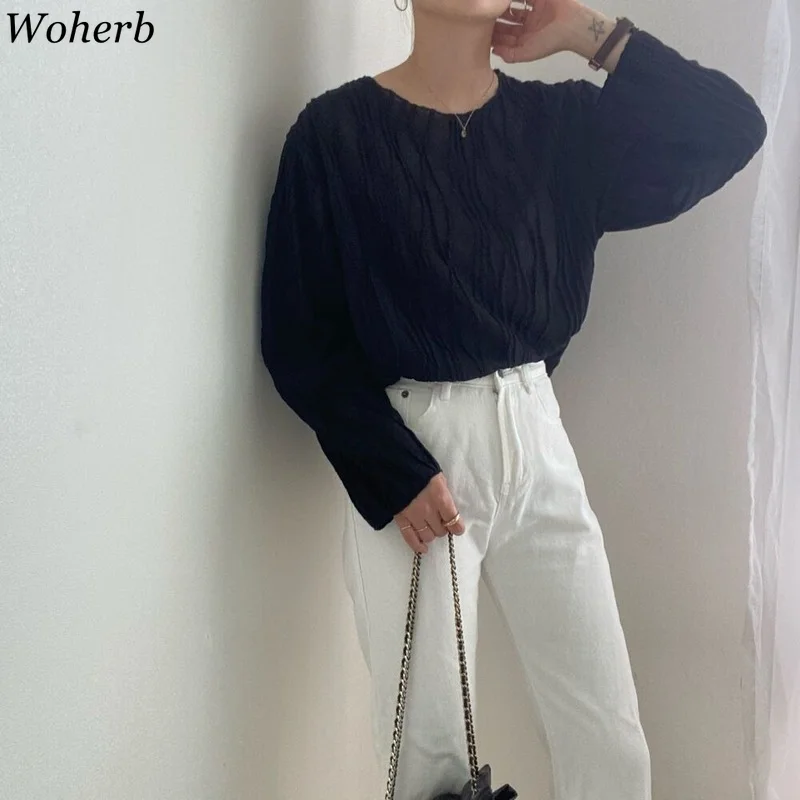 Блузка Женская Осенняя полупрозрачная с круглым вырезом и складками | одежда