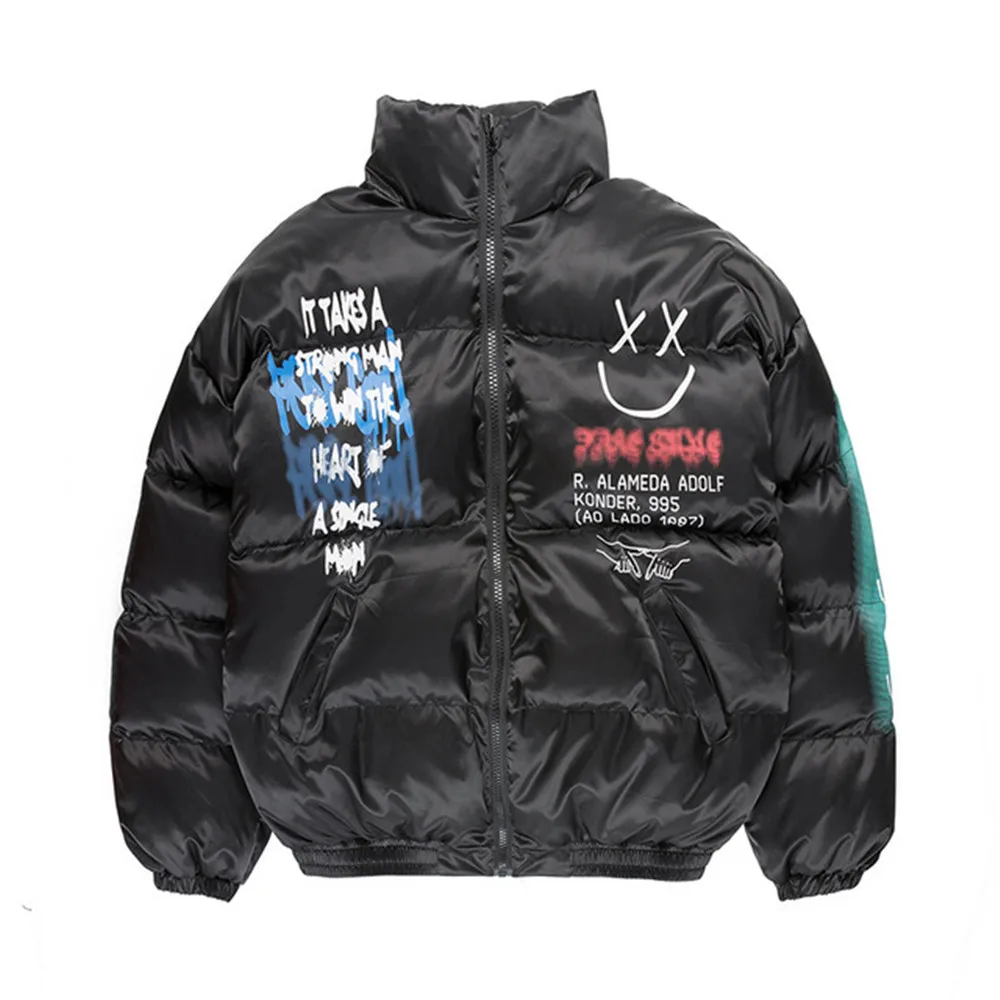 

New Winter Smiley Face Spray Print Warm Jacket Men Coat 2020 Thick Puffer Jacket Male Bubble Oversized Hip Hop Cotton Coat Men