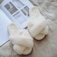2021 winter new women slipper soft rabbit fur cross upper 3cm heel platform fur warm indoor ladies open toe fluffy home slippers