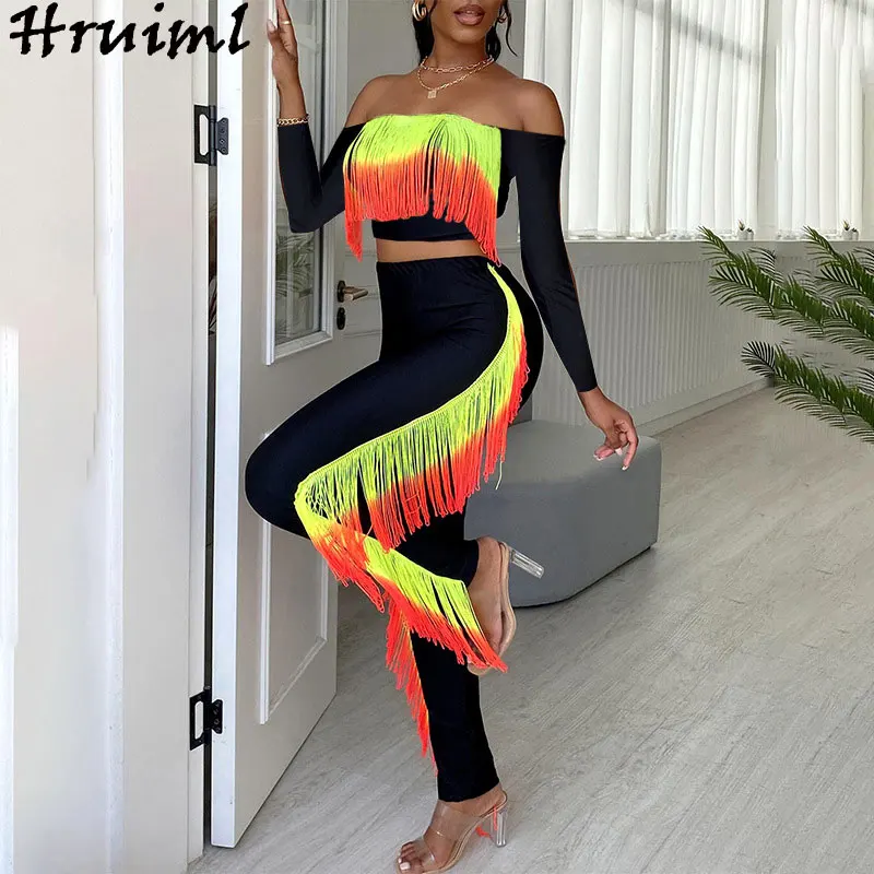

Cheap Wholesale Items for Business Pants Sets Off Shoulder Tops Long Sleeve Tassel Patchwork Pants Two Piece Set Fashion 2 Piece