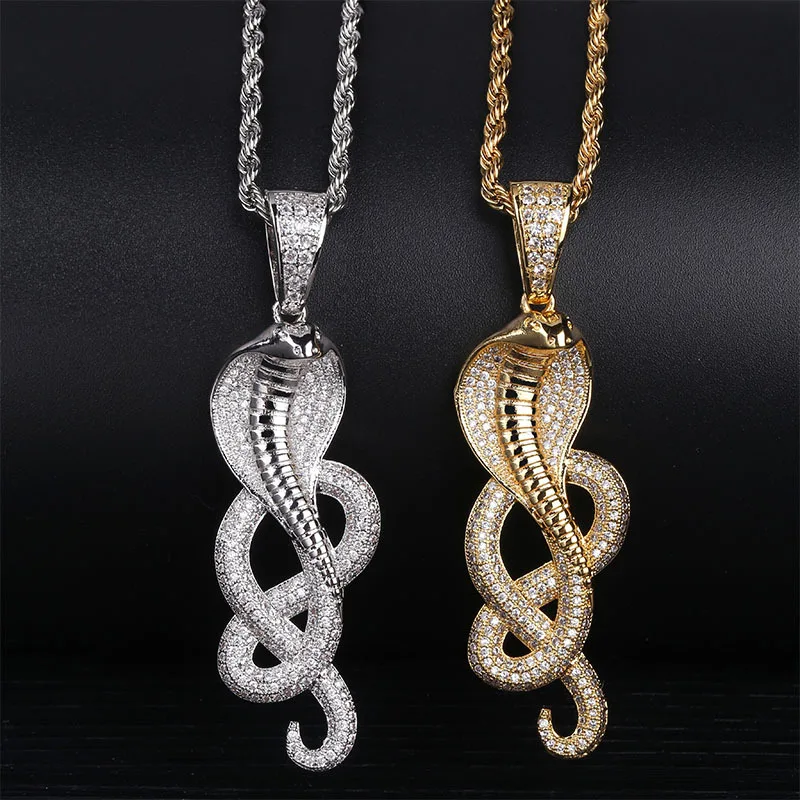 

AAA+ Cubic Zirconia Paved Iced Out Bling Cobra Snake Animal Pendants Necklace for Men Hip Hop Rapper Jewelry Gold Silver Color