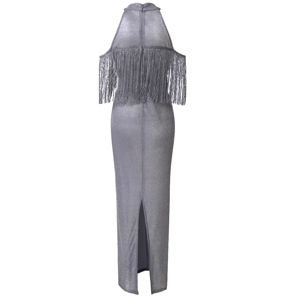 Высокое качество темпераментные Вечерние платья женские сетчатые блестки кисточкой сумка бедра бахромой элегантное О-образным вырезом невесты ужин длинное платье