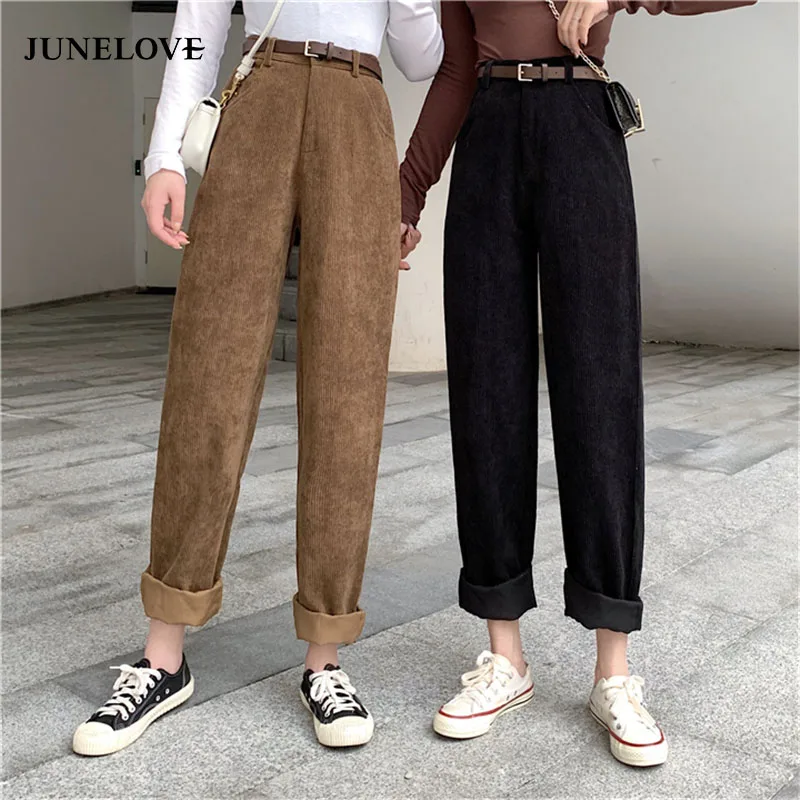 JuneLove повседневные эластичные брюки с высокой талией женские вельветовые поясом