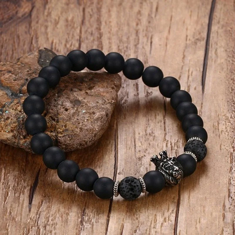 Lava Stone черная голова льва в короне мужской браслет Амулет из бусин