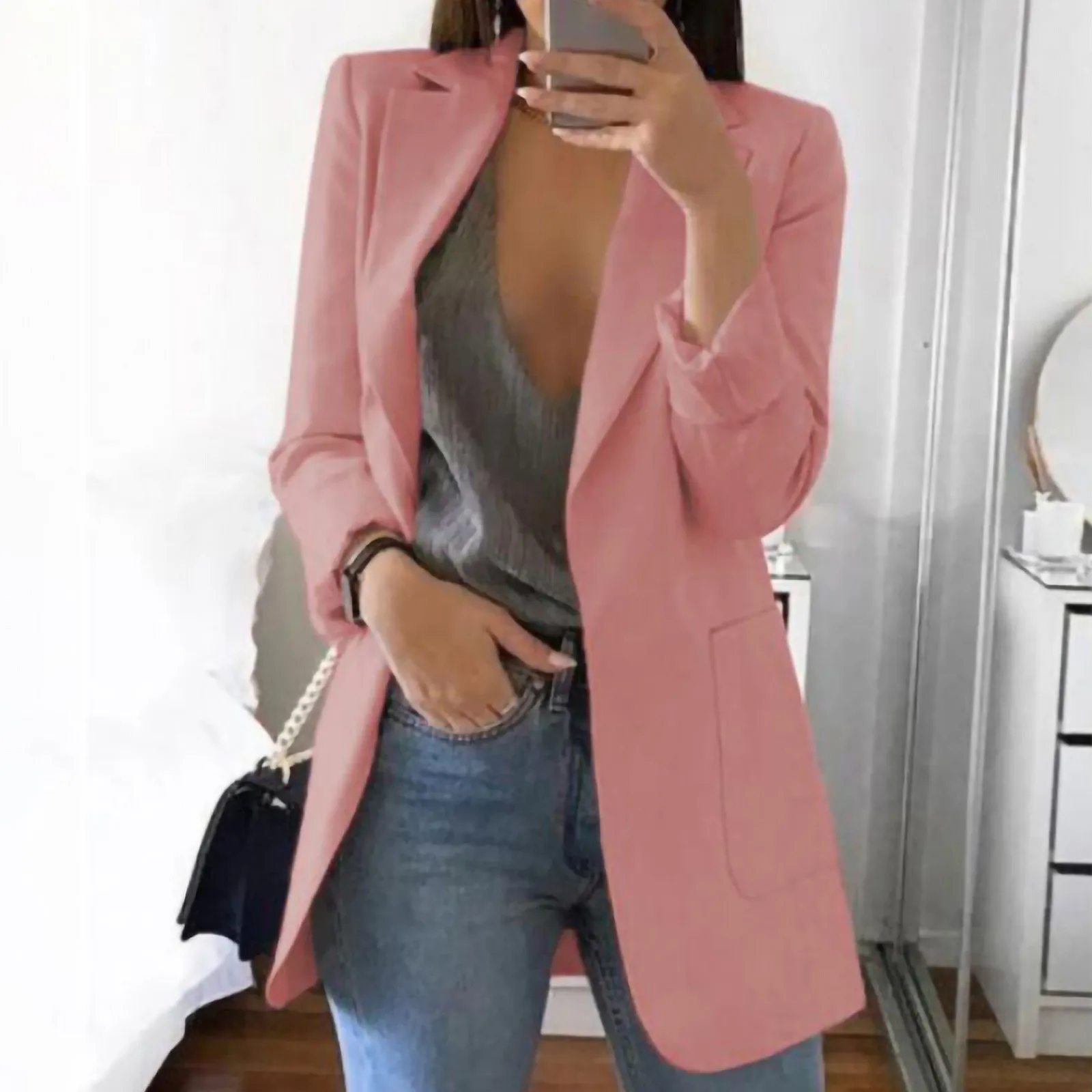 

Women Solid Color Women BlazWindproof Trench Coats Autumn Spring Coat Blouse Jacket Office Lady Business Cardigan Blazers Female