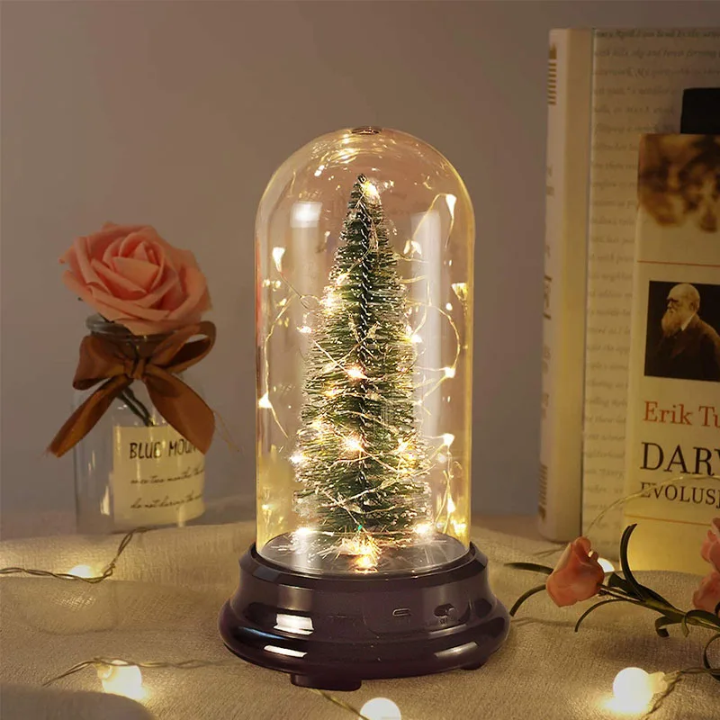 

Artificial Christmas Tree In Glass Dome Cover Miniature Ornaments LED Light Luminous Xmas Tree Desk Ornament B88