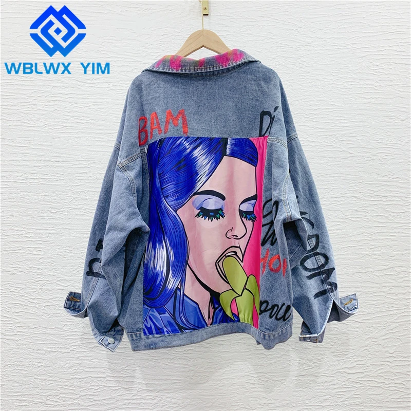 

Jeans Jacket Women Pocket Lapel Patch Fashion Letter Graffiti Print White Denim Jackets Loose Plus Size Casual Jeans Coat Female