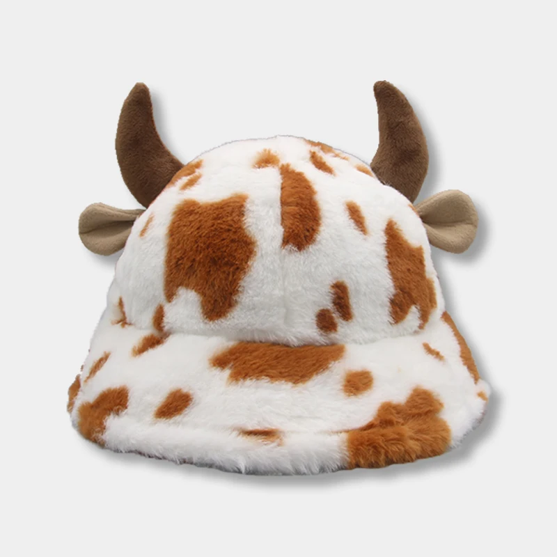 Панама зимняя женская с узором в виде коровы и плюшевой шерсти | Аксессуары для