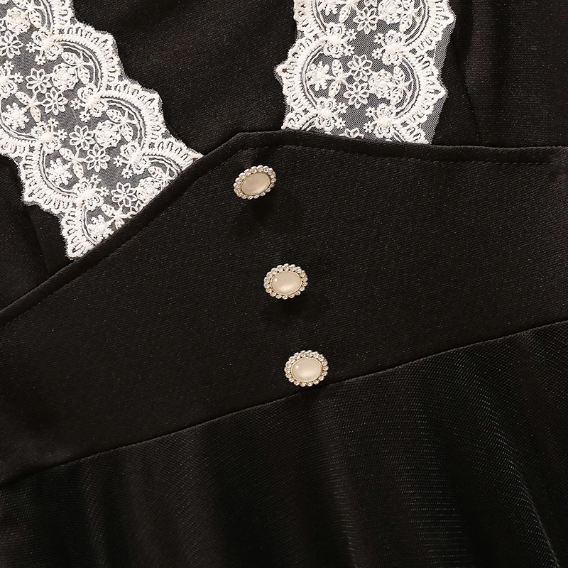 

L-5XL Plus Size Women Black Mesh Dress Summer 2021 Vintage Square Collar Short Sleeve Lace Patchwork High Waist Irregular Dress