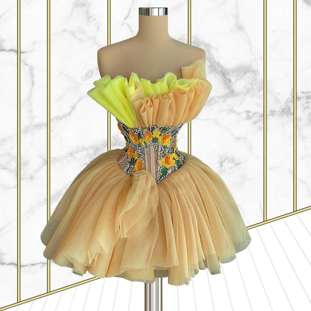 Mini Short Dresses For Girls Homecoming Flower Light Yellow Pleated Dress 2021 Mini Robe Courte Plissée Jaune Clair Pour Filles