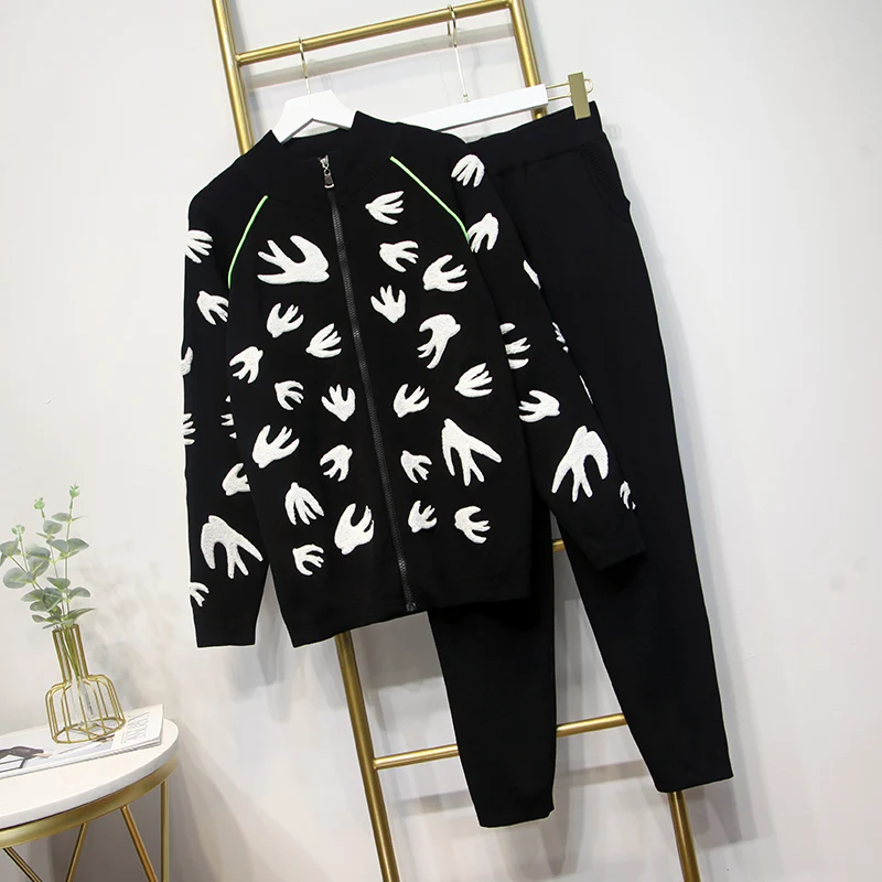 HIGH STREET стильный Подиум костюм набор женский птица тиснением куртка на молнии брюки набор