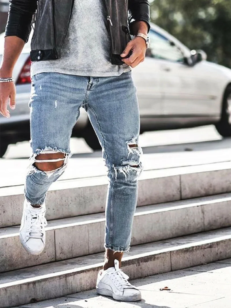 

Light blue Skinny Jeans men Streetwear Destroyed Ripped Jeans Homme Hip Hop Broken modis male Pencil Biker Hollow Out Jean Pants