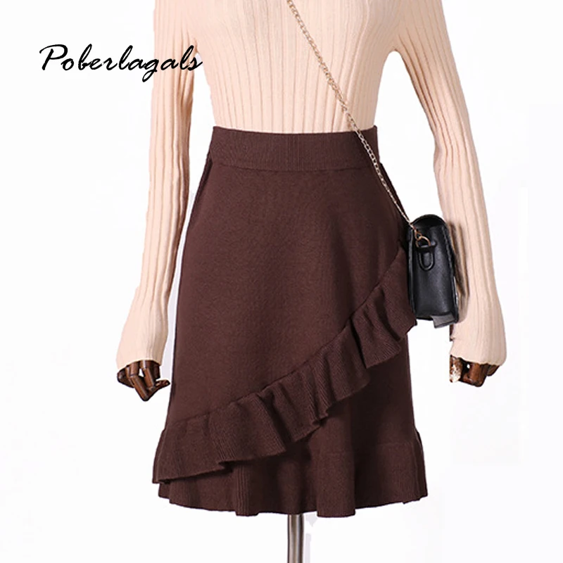 Autumn winter women knitting skirt Womens lady knit Retro Grey Irregular ruffled pleated A-line hip Skirt female skirts