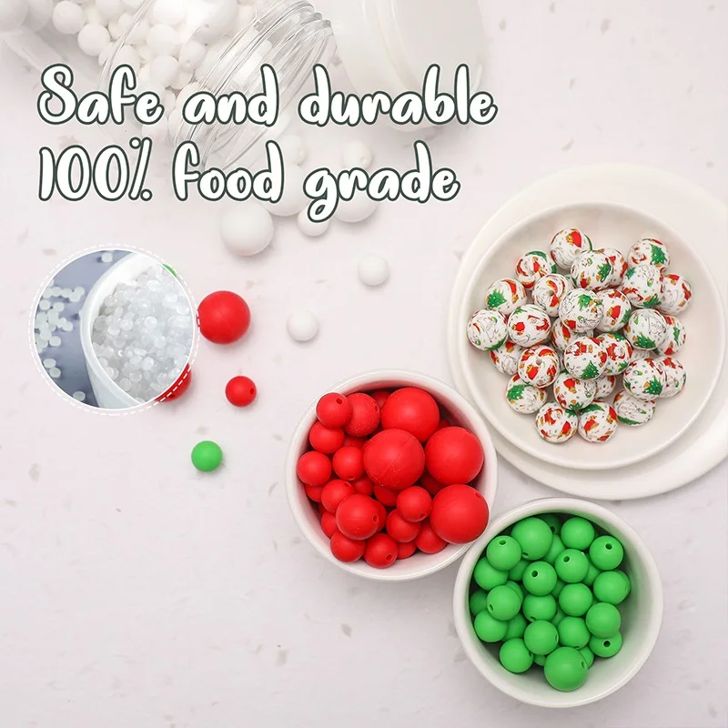Cuentas con estampado navide&ntilde;o para beb&eacute;, cuentas de silicona para chupete, accesorios para collar Diy, cuentas de dentici&oacute;n de grado alimenticio, 200 piezas-1