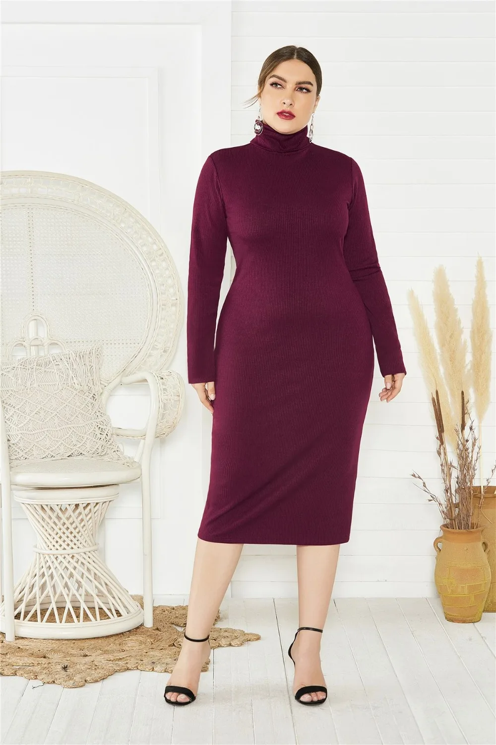 BHflutter 4XL 5XL 6XL Plus Size Winter Dress Women Long Sleeve Turtleneck Knitted Dress Ladies Sexy Bodycon Vintage Dresses