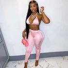 Уличные сексуальные бандажные Розовые Костюмы Y2K 2021, модный топ на шнуровке и расклешенные брюки с высокой талией, комплект из 2 предметов