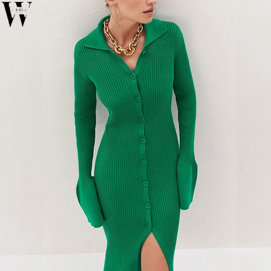 

Женское трикотажное платье-свитер с V-образным вырезом, до середины икры