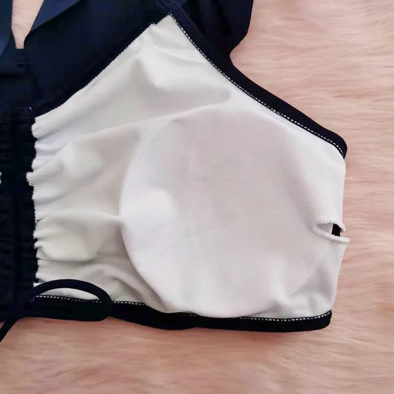 

Summer Off Shoulder Women's Swimwear Navy Blue Ruffle Bikini Top Tree Leaves Print High Waist Swimsuit Bottom Plus Size Biquini