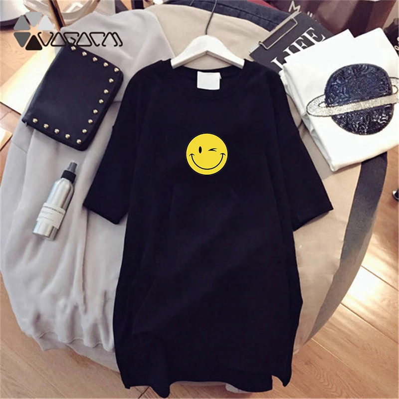 

Summer Women Tshirt Dress Cute Cartoon Smile Short Sleeve O Neck Casual Mini Dresses M- Vestido De Mujer
