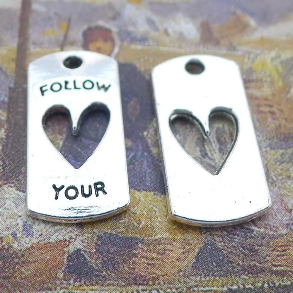 

100pcs Follow Your Heart Charms 20mm x 10mm DIY Jewelry Making Pendant antique silver color