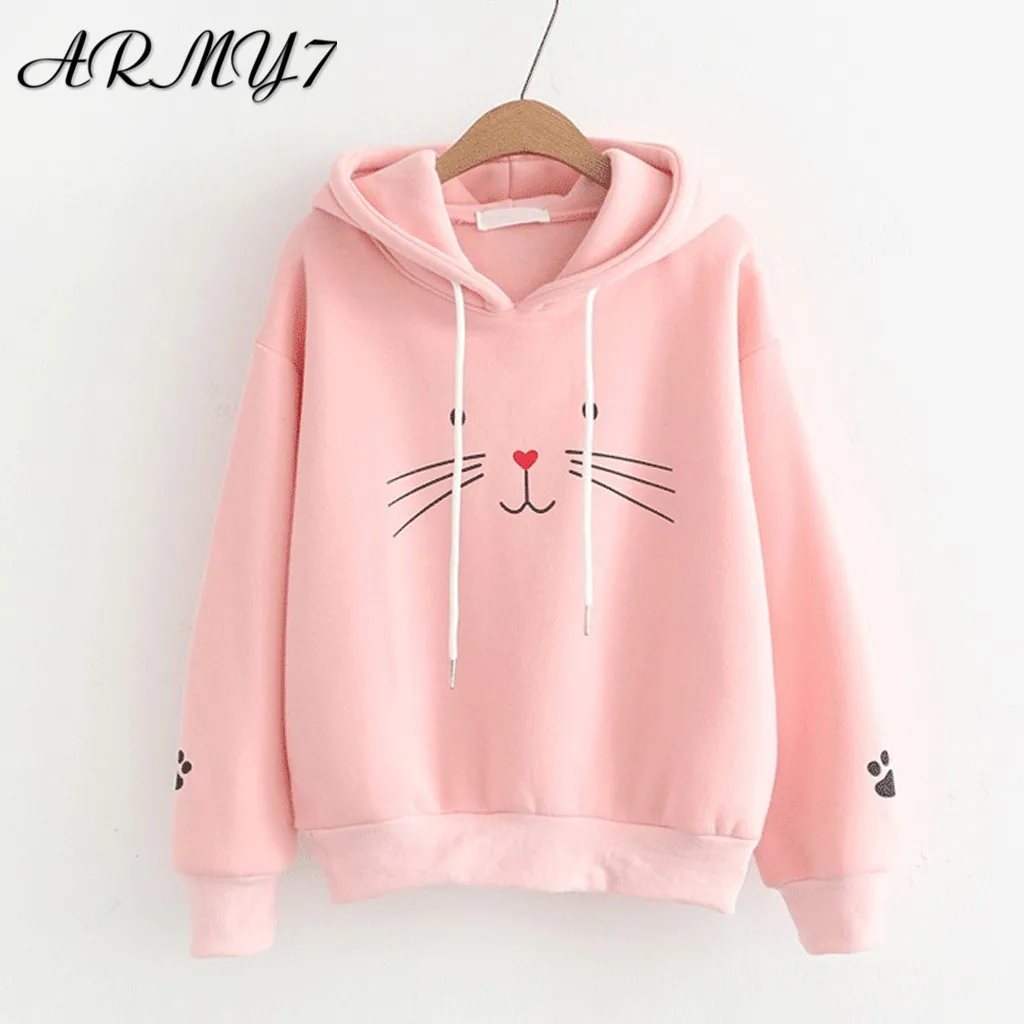 Kawaii милые кошки укороченный толстовки осень для женщин кошка печатных размера плюс толстовка maletom дамы с длинным рукавом шляпа Туника розовый Kpop bangtan