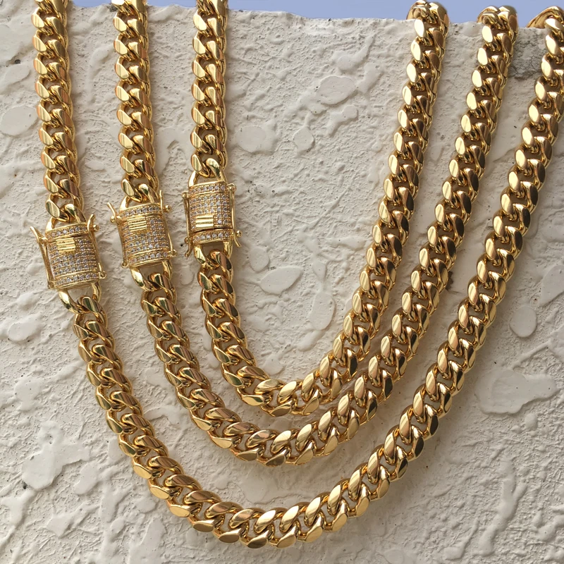 

Long lasting 8mm-18mm Miami cuban link chain necklace with cz clasp gold men hip hop jewelry