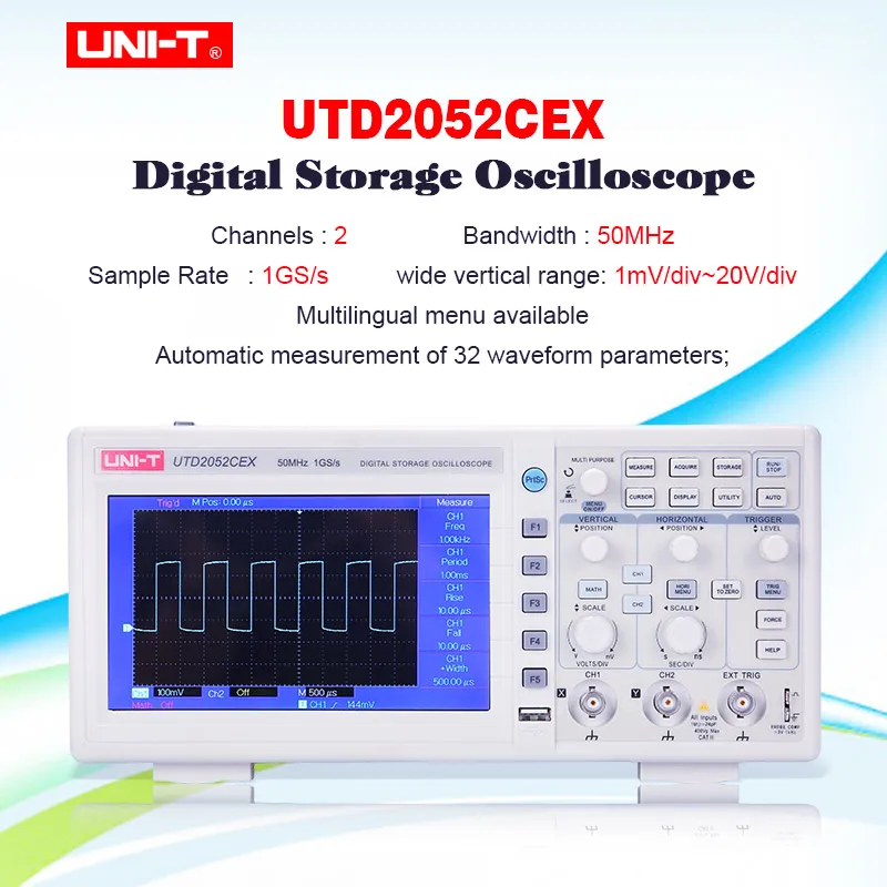 UNI-T UTD2052CEX цифровой накопитель осциллографы 2CH 50 МГц 1Gsa прицел метр 7 дюймов