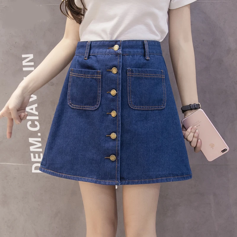 Женская джинсовая мини-юбка Zoki, модная летняя Корейская однобортная джинсовая юбка с высокой талией, повседневные трапециевидные женские ю... от AliExpress WW