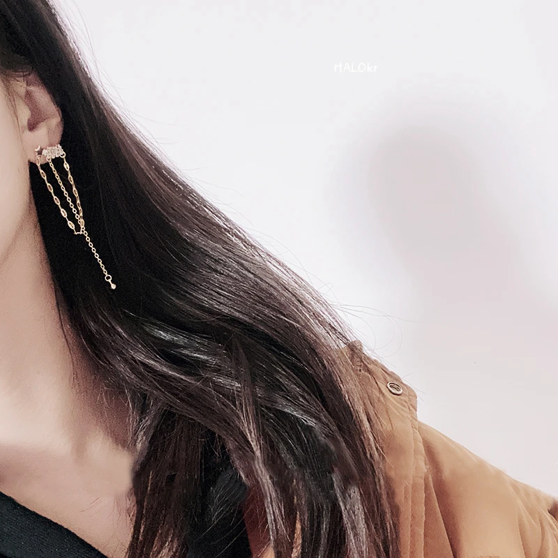 

MENGJIQIAO Korean New Elegant Zircon Star Metal Chain Tassel Drop Earrings For Women Girls Fashion Cute Brinco Party Jewelry