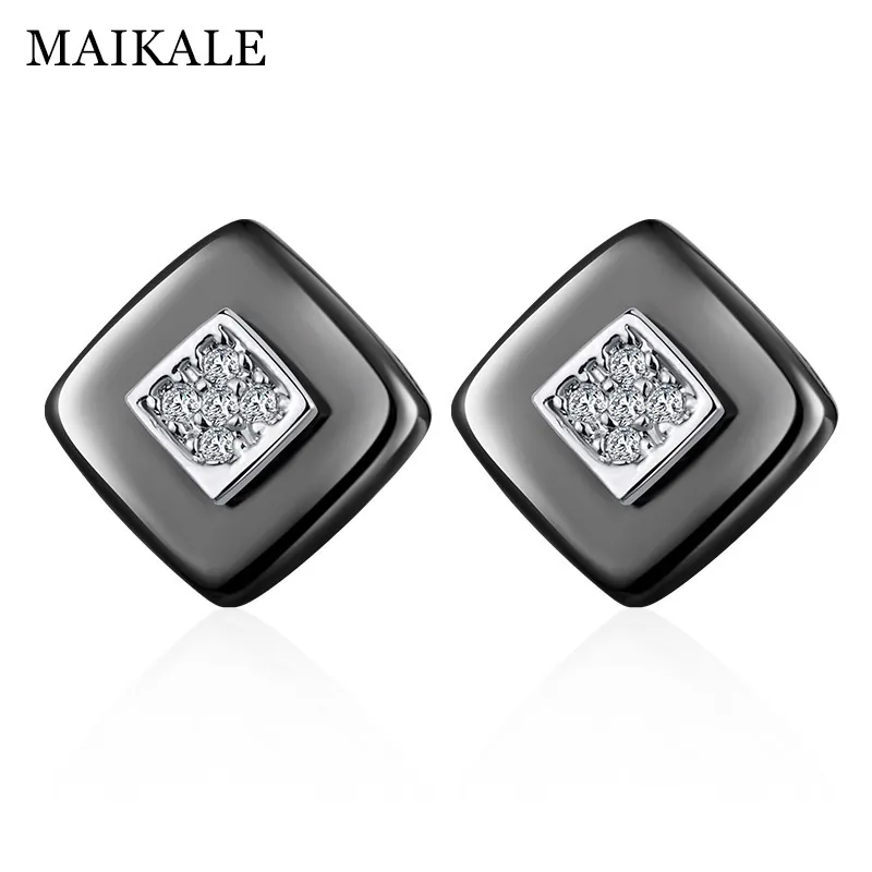 MAIKALE, классические квадратные серьги-гвоздики, керамические, AAA, кубический цирконий, золотой, серебряный цвет, простые корейские серьги для женщин, отправка друзьям - Окраска металла: silver black