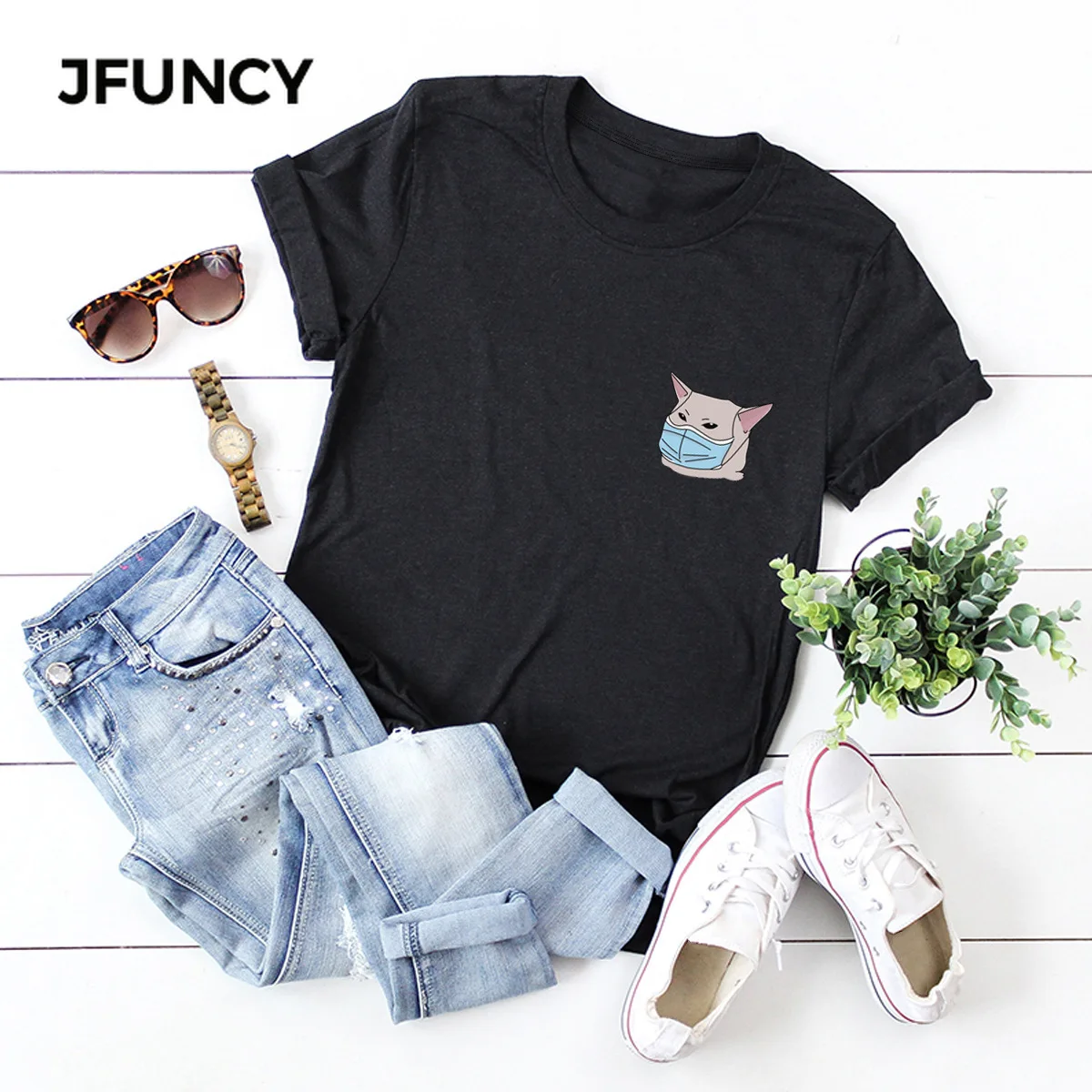 JFUNCY Dog with Mask Print T Shirt Women Summer Shirts 100% Cotton Short Sleeve Woman T-shirt Oversize Casual Female Tees Tops