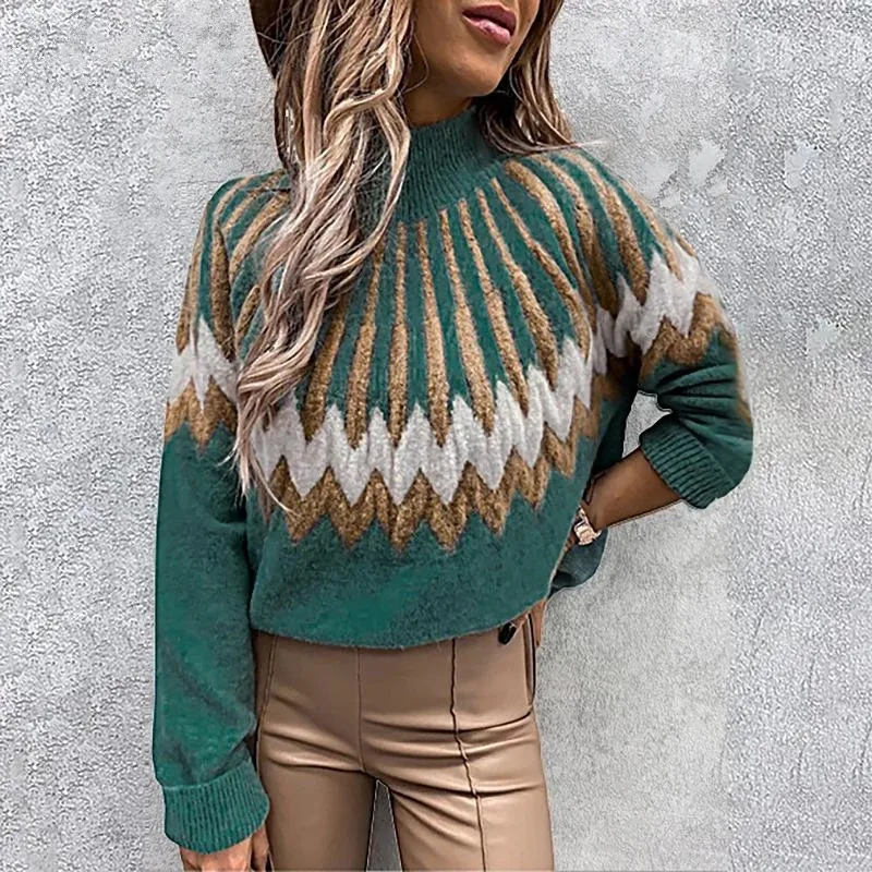 

Vintage Fashion Pattern Print Knitted Sweater Women Elegant Turtleneck Warm Autumn Pullover Jumper Winter Long Sleeve Office Top