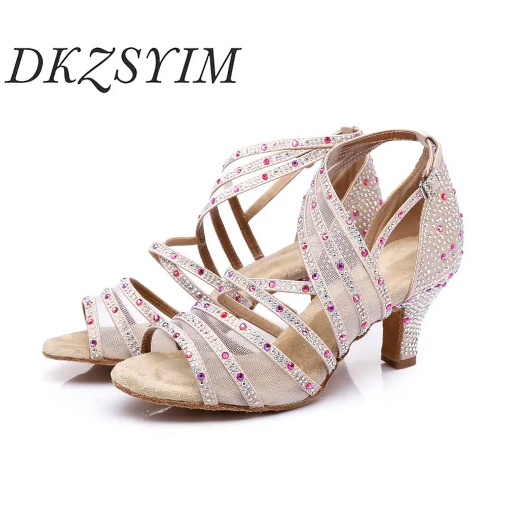 

DKZSYIM Women Latin Dance Shoes Pink Multiplecolor Rhinestone Party Dance Sandals Satin+Mesh Ballroom Training Dance Shoes