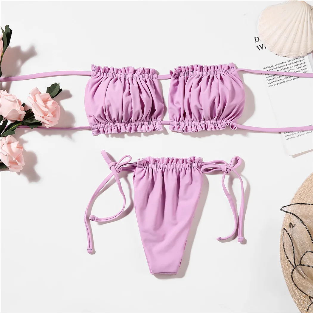 

Bikini 2021 Women Sexy Solid Pleated Tube Top Swimsuit Women Low Waist Swimwear Women Beach Thong Bikini Swimsuit Ladies Swimsui