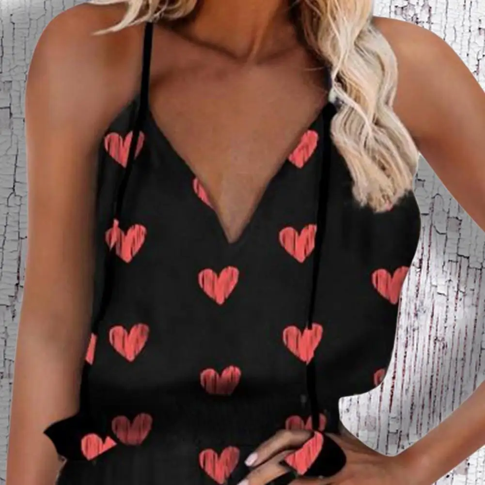 

Fashion Dress Heart Print Ruffled Hem Women Loose Spaghetti Strap Skirt for Dating