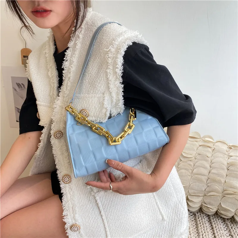 

Shoulder Underarm Bags Vintage PU Leather Solid Color Casual For Women Fashion Thick Chain Ladies Simple Small Shoulder Handbags