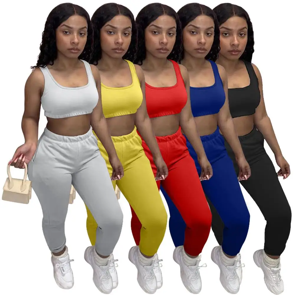 

Sportwear Women Two Pieces Tracksuits Solid Sleeveless Tank Crop Tops Elastic Waist Long Pants with Pocket Jogger Gym Outfits